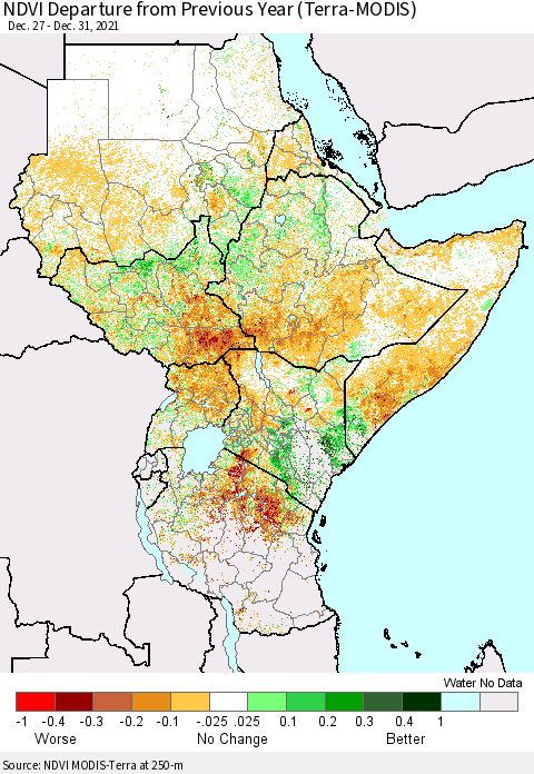 Eastern Africa NDVI Departure from Previous Year (Terra-MODIS) Thematic Map For 12/26/2021 - 1/2/2022