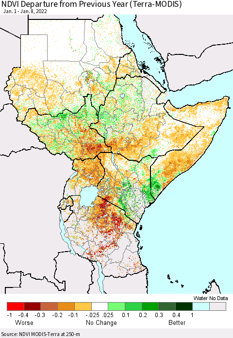 Eastern Africa NDVI Departure from Previous Year (Terra-MODIS) Thematic Map For 1/1/2022 - 1/8/2022