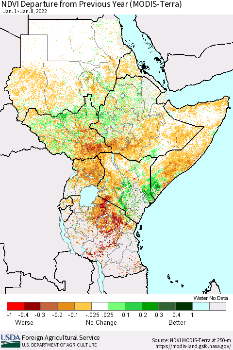 Eastern Africa NDVI Departure from Previous Year (MODIS-Terra) Thematic Map For 1/1/2022 - 1/10/2022