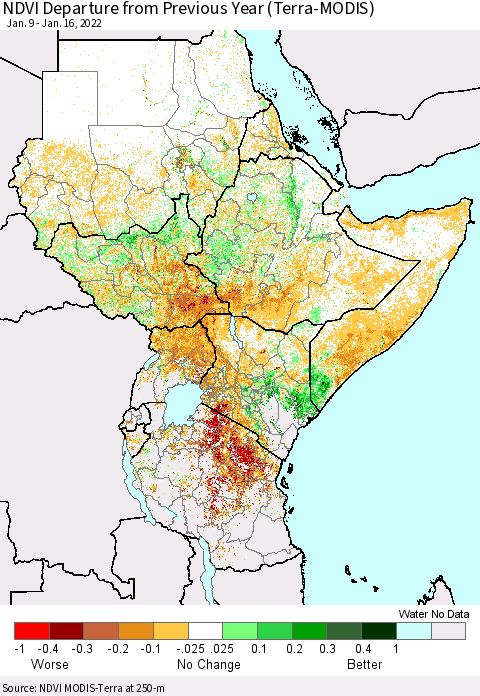 Eastern Africa NDVI Departure from Previous Year (Terra-MODIS) Thematic Map For 1/9/2022 - 1/16/2022