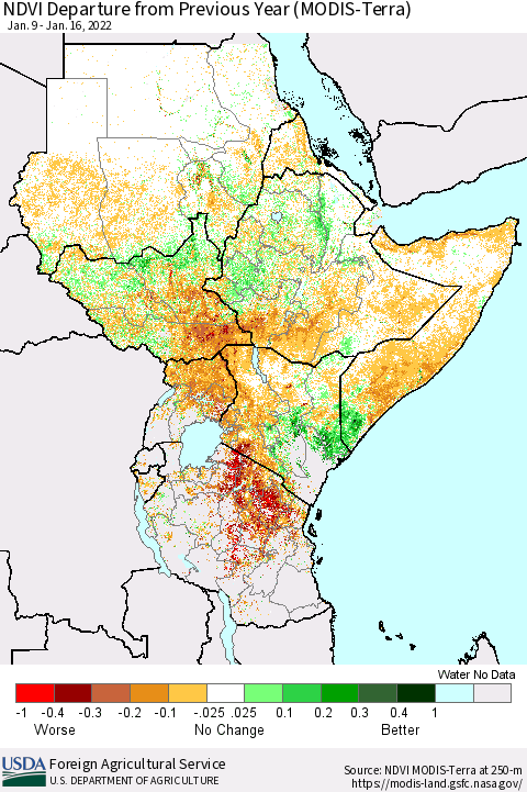 Eastern Africa NDVI Departure from Previous Year (Terra-MODIS) Thematic Map For 1/11/2022 - 1/20/2022