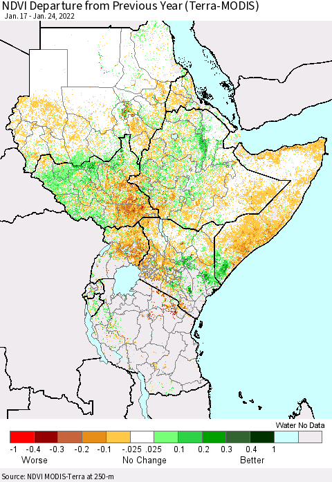 Eastern Africa NDVI Departure from Previous Year (Terra-MODIS) Thematic Map For 1/17/2022 - 1/24/2022