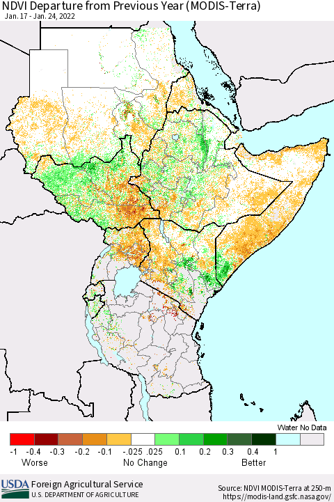 Eastern Africa NDVI Departure from Previous Year (Terra-MODIS) Thematic Map For 1/21/2022 - 1/31/2022