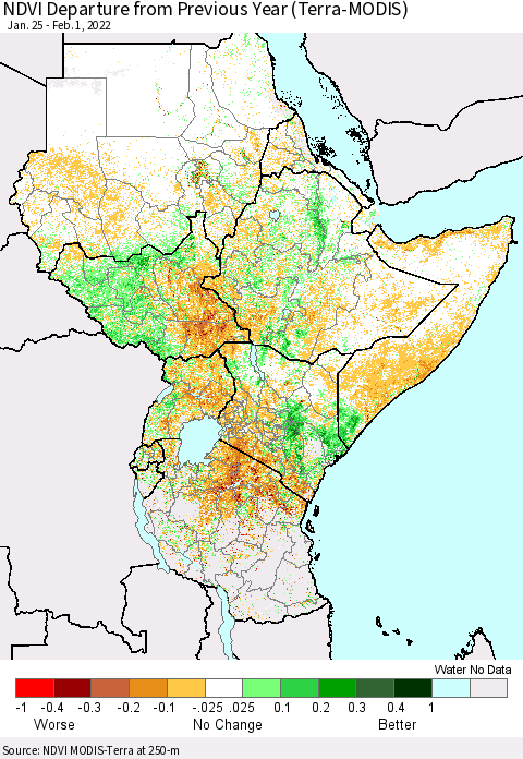 Eastern Africa NDVI Departure from Previous Year (Terra-MODIS) Thematic Map For 1/25/2022 - 2/1/2022