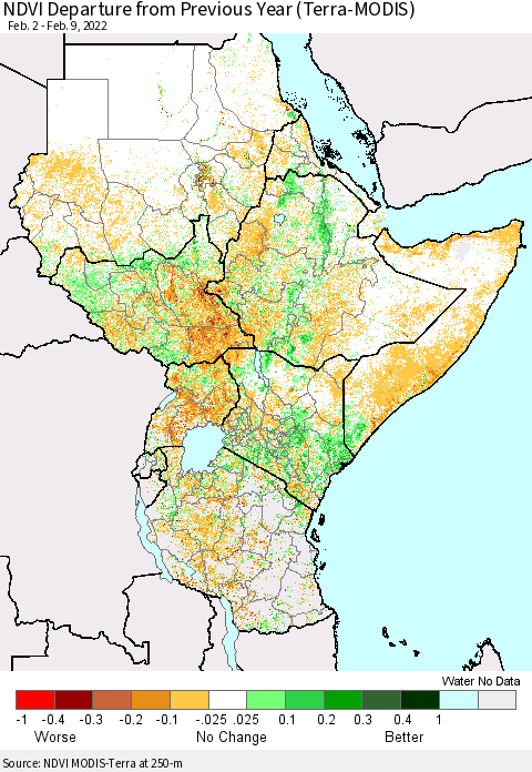 Eastern Africa NDVI Departure from Previous Year (Terra-MODIS) Thematic Map For 2/2/2022 - 2/9/2022