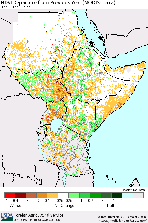 Eastern Africa NDVI Departure from Previous Year (Terra-MODIS) Thematic Map For 2/1/2022 - 2/10/2022