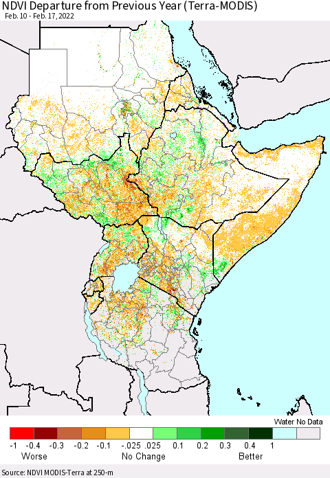 Eastern Africa NDVI Departure from Previous Year (Terra-MODIS) Thematic Map For 2/10/2022 - 2/17/2022