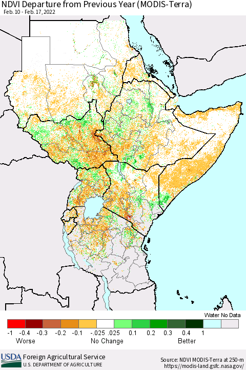 Eastern Africa NDVI Departure from Previous Year (Terra-MODIS) Thematic Map For 2/11/2022 - 2/20/2022
