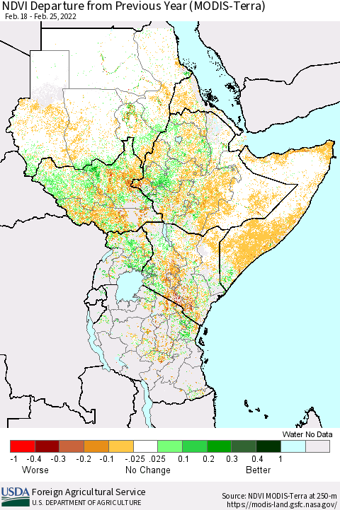 Eastern Africa NDVI Departure from Previous Year (Terra-MODIS) Thematic Map For 2/21/2022 - 2/28/2022