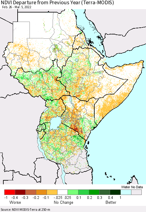 Eastern Africa NDVI Departure from Previous Year (Terra-MODIS) Thematic Map For 2/26/2022 - 3/5/2022