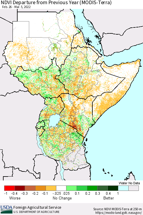 Eastern Africa NDVI Departure from Previous Year (Terra-MODIS) Thematic Map For 3/1/2022 - 3/10/2022