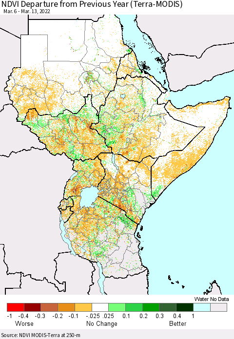 Eastern Africa NDVI Departure from Previous Year (Terra-MODIS) Thematic Map For 3/6/2022 - 3/13/2022