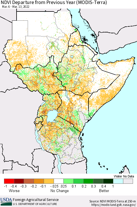 Eastern Africa NDVI Departure from Previous Year (Terra-MODIS) Thematic Map For 3/11/2022 - 3/20/2022