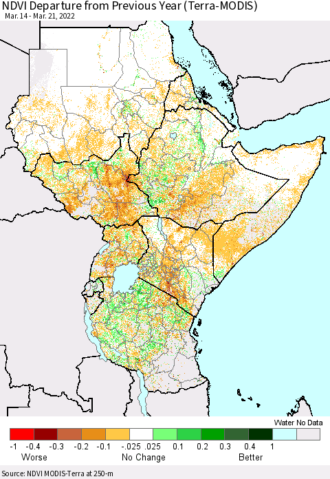 Eastern Africa NDVI Departure from Previous Year (Terra-MODIS) Thematic Map For 3/14/2022 - 3/21/2022