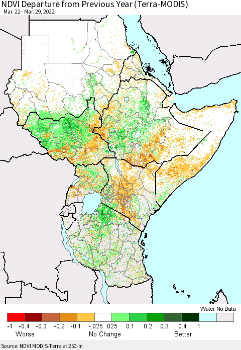 Eastern Africa NDVI Departure from Previous Year (Terra-MODIS) Thematic Map For 3/22/2022 - 3/29/2022