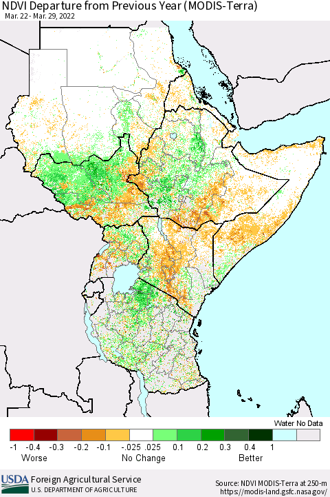 Eastern Africa NDVI Departure from Previous Year (Terra-MODIS) Thematic Map For 3/21/2022 - 3/31/2022