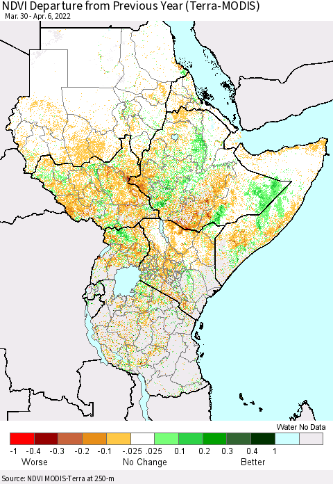 Eastern Africa NDVI Departure from Previous Year (Terra-MODIS) Thematic Map For 3/30/2022 - 4/6/2022