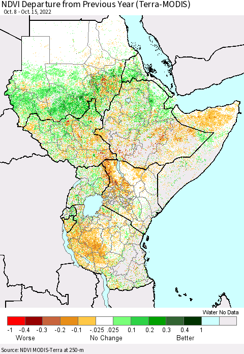 Eastern Africa NDVI Departure from Previous Year (Terra-MODIS) Thematic Map For 10/8/2022 - 10/15/2022