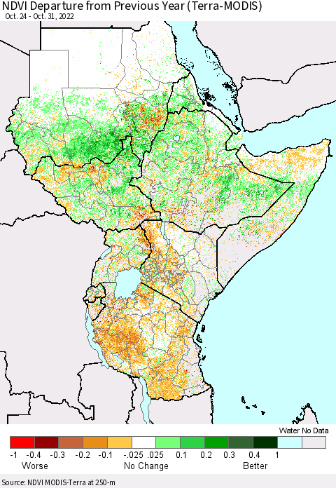 Eastern Africa NDVI Departure from Previous Year (Terra-MODIS) Thematic Map For 10/24/2022 - 10/31/2022