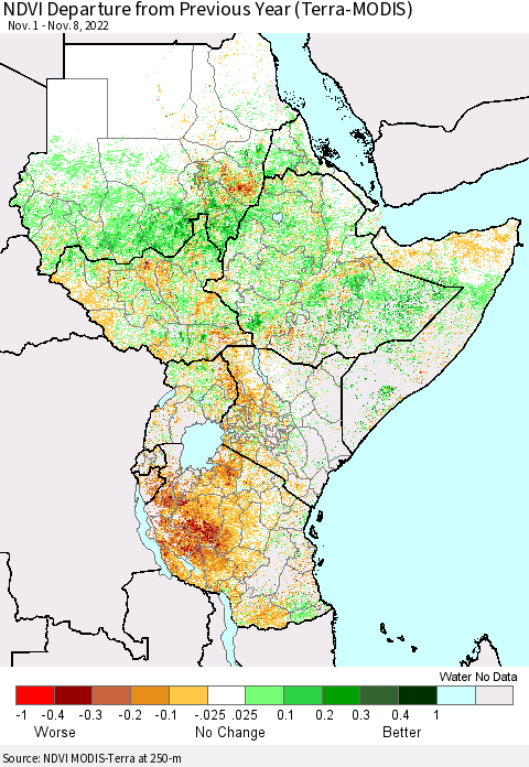 Eastern Africa NDVI Departure from Previous Year (Terra-MODIS) Thematic Map For 11/1/2022 - 11/8/2022