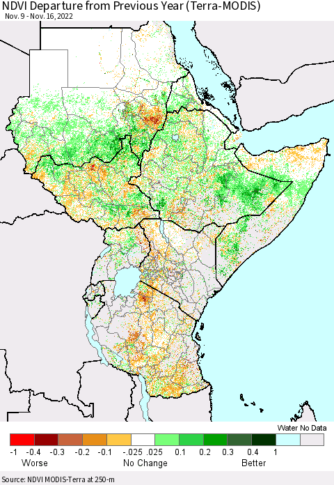 Eastern Africa NDVI Departure from Previous Year (Terra-MODIS) Thematic Map For 11/9/2022 - 11/16/2022