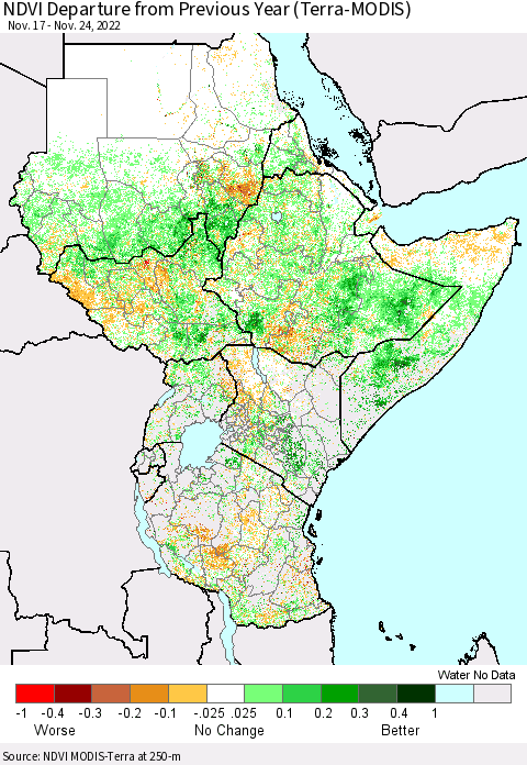 Eastern Africa NDVI Departure from Previous Year (Terra-MODIS) Thematic Map For 11/17/2022 - 11/24/2022