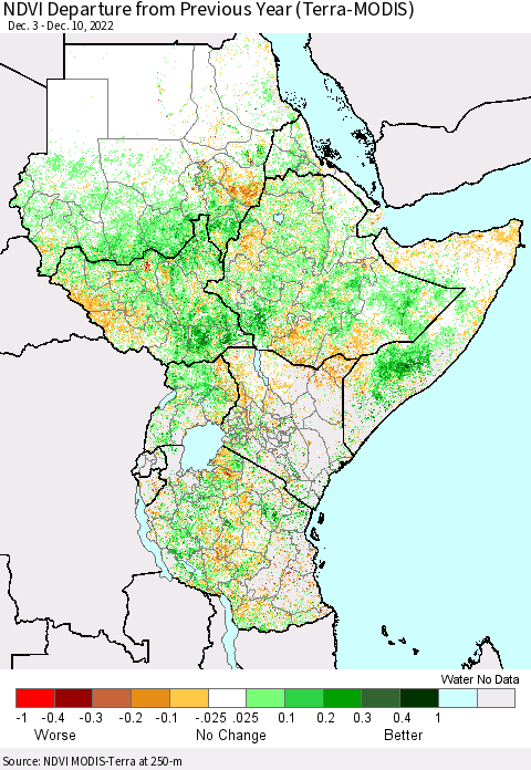 Eastern Africa NDVI Departure from Previous Year (Terra-MODIS) Thematic Map For 12/3/2022 - 12/10/2022