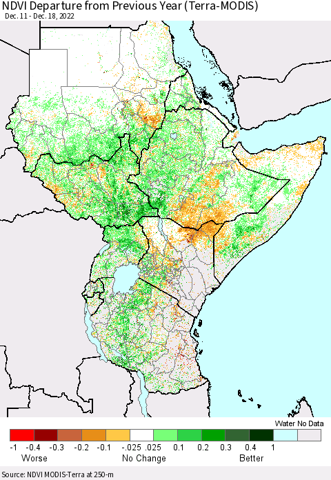 Eastern Africa NDVI Departure from Previous Year (Terra-MODIS) Thematic Map For 12/11/2022 - 12/18/2022