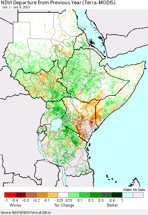 Eastern Africa NDVI Departure from Previous Year (Terra-MODIS) Thematic Map For 1/1/2023 - 1/8/2023
