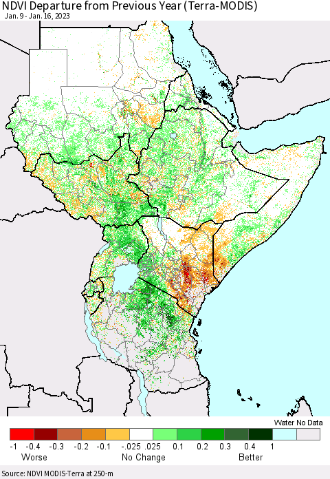 Eastern Africa NDVI Departure from Previous Year (Terra-MODIS) Thematic Map For 1/9/2023 - 1/16/2023
