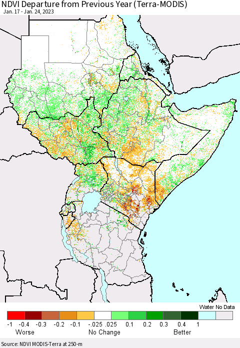 Eastern Africa NDVI Departure from Previous Year (Terra-MODIS) Thematic Map For 1/17/2023 - 1/24/2023