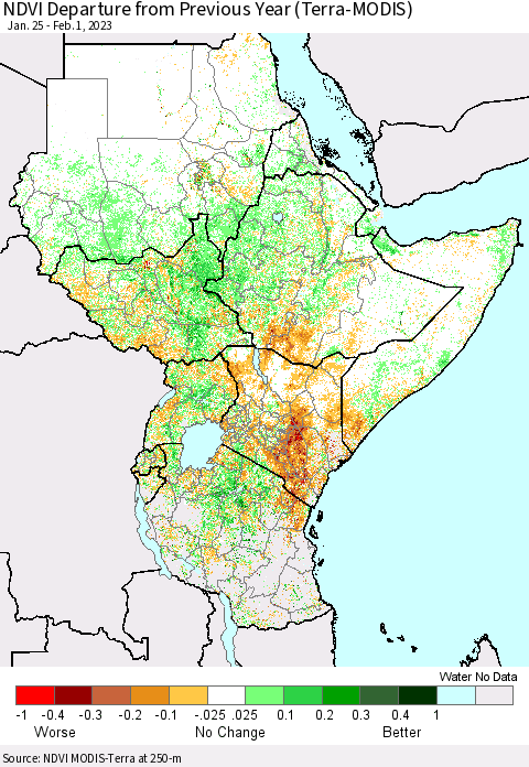 Eastern Africa NDVI Departure from Previous Year (Terra-MODIS) Thematic Map For 1/25/2023 - 2/1/2023
