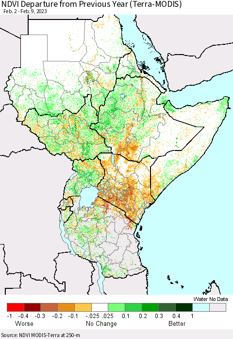 Eastern Africa NDVI Departure from Previous Year (Terra-MODIS) Thematic Map For 2/2/2023 - 2/9/2023