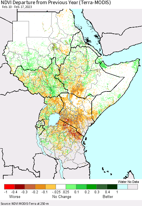 Eastern Africa NDVI Departure from Previous Year (Terra-MODIS) Thematic Map For 2/10/2023 - 2/17/2023