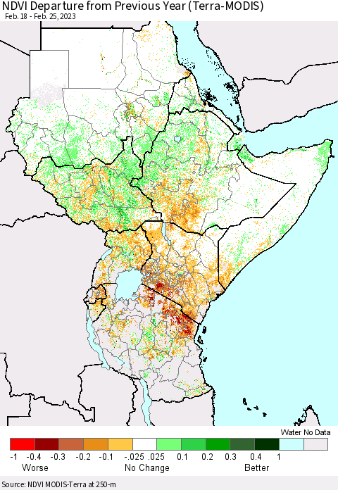 Eastern Africa NDVI Departure from Previous Year (Terra-MODIS) Thematic Map For 2/18/2023 - 2/25/2023