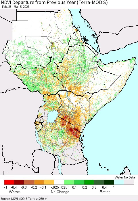 Eastern Africa NDVI Departure from Previous Year (Terra-MODIS) Thematic Map For 2/26/2023 - 3/5/2023