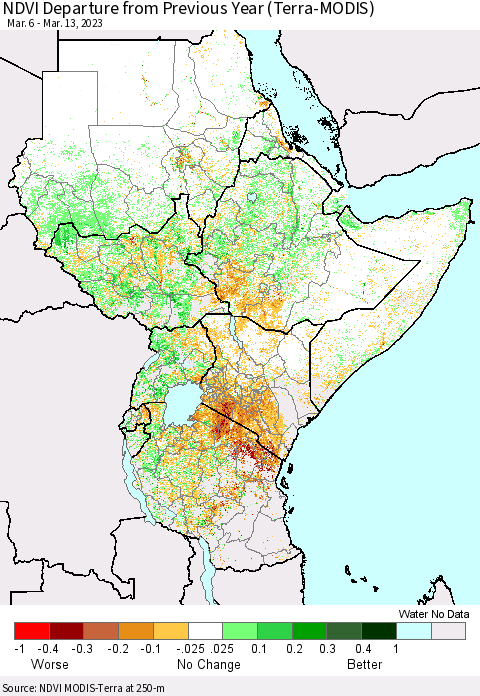 Eastern Africa NDVI Departure from Previous Year (Terra-MODIS) Thematic Map For 3/6/2023 - 3/13/2023