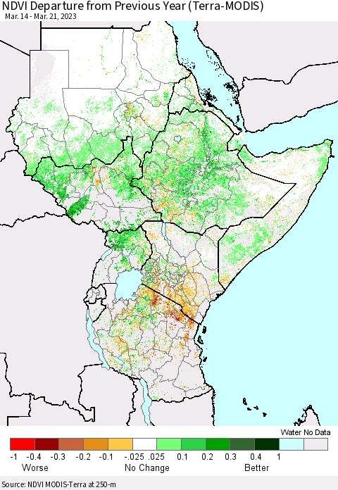 Eastern Africa NDVI Departure from Previous Year (Terra-MODIS) Thematic Map For 3/14/2023 - 3/21/2023