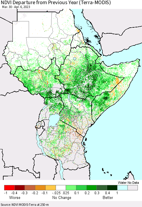 Eastern Africa NDVI Departure from Previous Year (Terra-MODIS) Thematic Map For 3/30/2023 - 4/6/2023