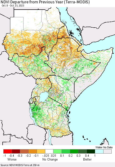 Eastern Africa NDVI Departure from Previous Year (Terra-MODIS) Thematic Map For 10/8/2023 - 10/15/2023
