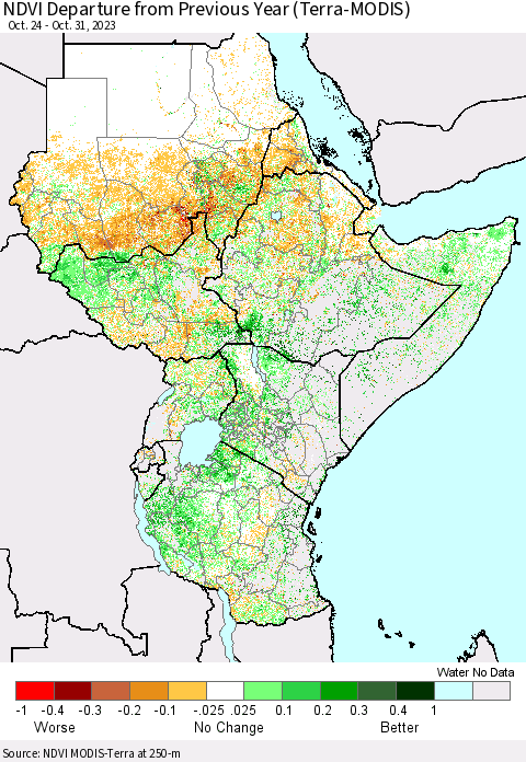 Eastern Africa NDVI Departure from Previous Year (Terra-MODIS) Thematic Map For 10/24/2023 - 10/31/2023