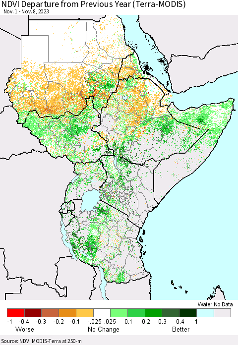 Eastern Africa NDVI Departure from Previous Year (Terra-MODIS) Thematic Map For 11/1/2023 - 11/8/2023
