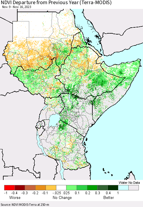 Eastern Africa NDVI Departure from Previous Year (Terra-MODIS) Thematic Map For 11/9/2023 - 11/16/2023