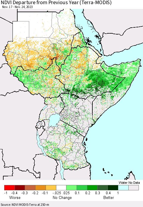 Eastern Africa NDVI Departure from Previous Year (Terra-MODIS) Thematic Map For 11/17/2023 - 11/24/2023