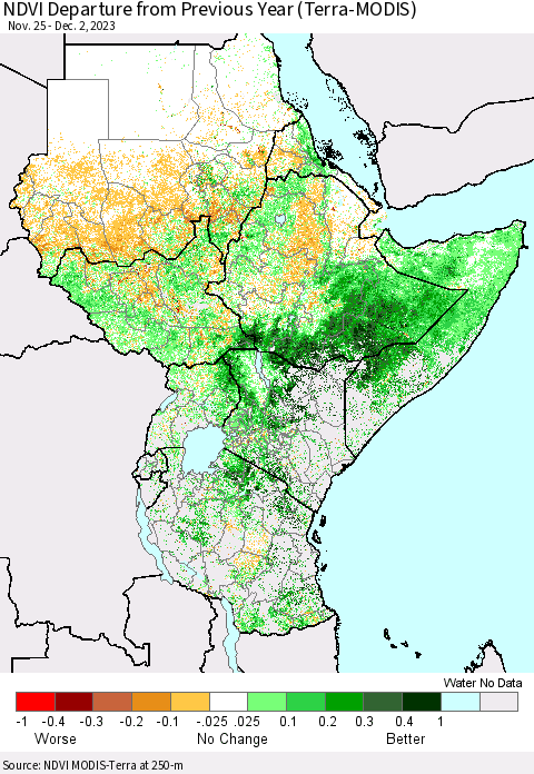 Eastern Africa NDVI Departure from Previous Year (Terra-MODIS) Thematic Map For 11/25/2023 - 12/2/2023