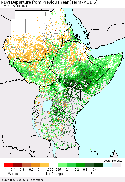 Eastern Africa NDVI Departure from Previous Year (Terra-MODIS) Thematic Map For 12/3/2023 - 12/10/2023