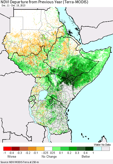 Eastern Africa NDVI Departure from Previous Year (Terra-MODIS) Thematic Map For 12/11/2023 - 12/18/2023