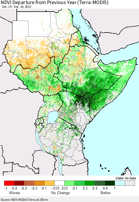 Eastern Africa NDVI Departure from Previous Year (Terra-MODIS) Thematic Map For 12/19/2023 - 12/26/2023