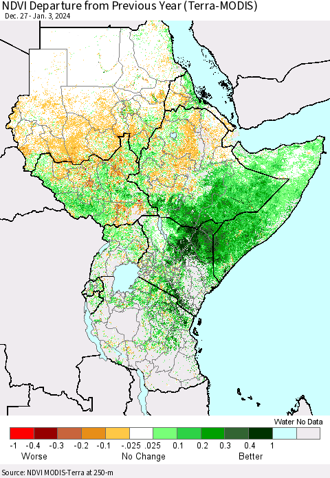 Eastern Africa NDVI Departure from Previous Year (Terra-MODIS) Thematic Map For 12/27/2023 - 1/3/2024