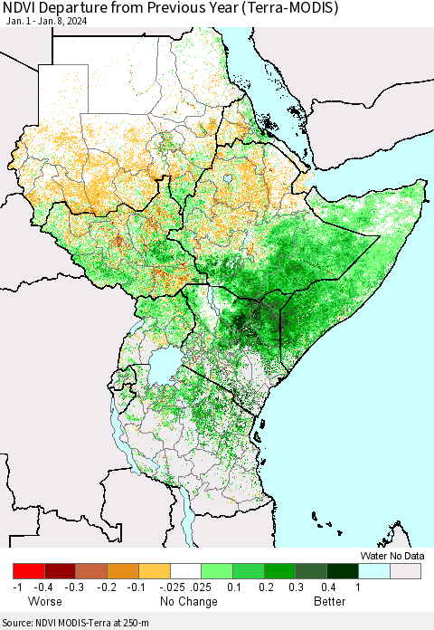 Eastern Africa NDVI Departure from Previous Year (Terra-MODIS) Thematic Map For 1/1/2024 - 1/8/2024